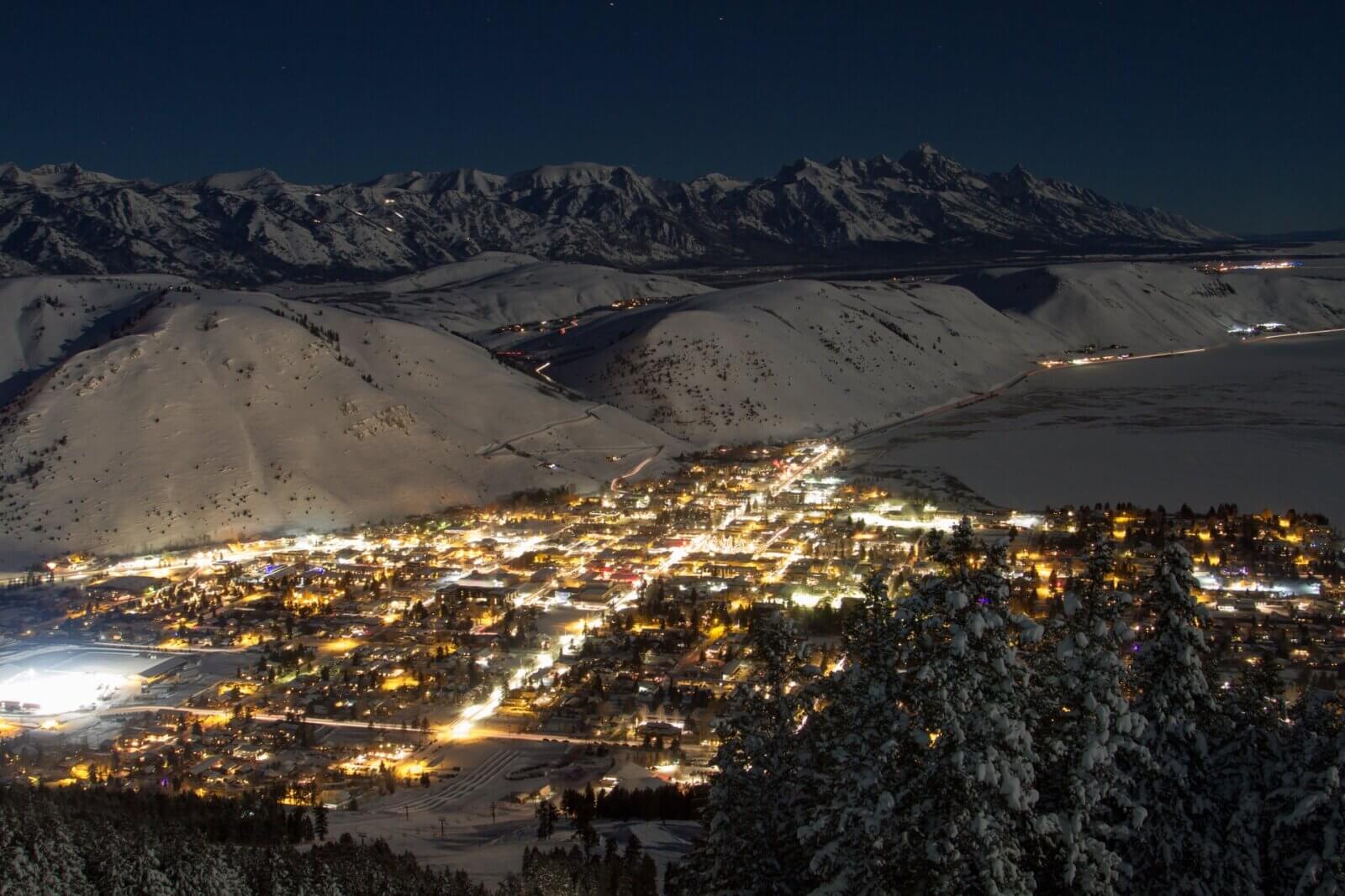 Town of Jackson Hole Wyoming lights in winter